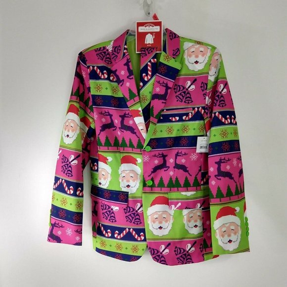 Ugly Christmas Sweater Men's Suit Blazer Tie Pink Green 34/36 - Picture 1 of 10